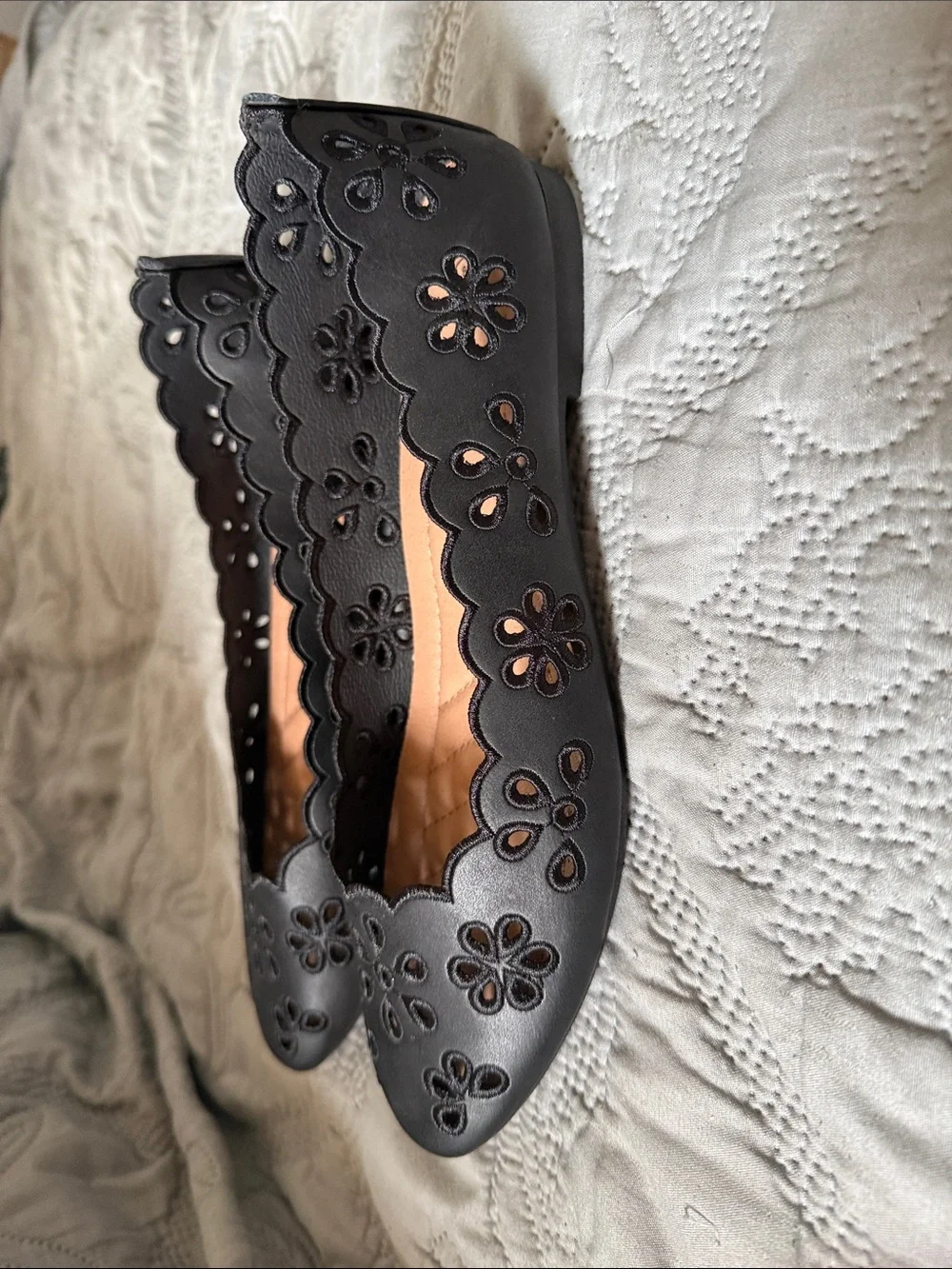 Women's Black Floral Laser-Cut Ballet Flats